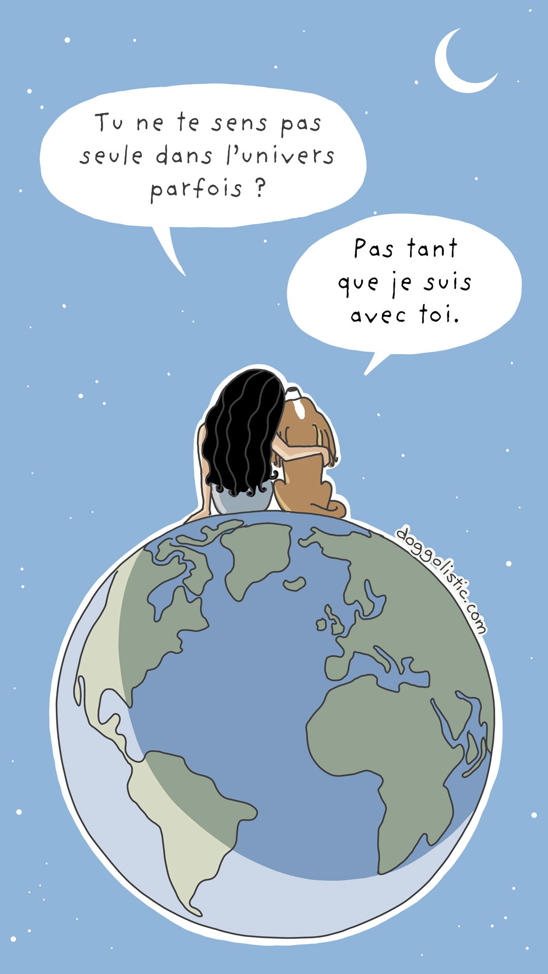 Doggolistic Doggo and I comic Comic illustration par Doggolistic de la série Doggo and I d'une fille et son chien assis sur Terre qui regardent la lune et les étoiles ensemble