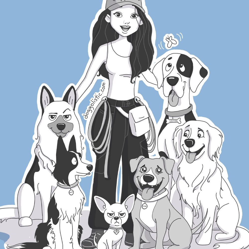 Illustration par Doggolistic d'une éducatrice éducateur comportementaliste canin en balade-promenade avec six chiens, un berger allemand sûr de lui, un border collie aux aguets, un chihuahua pas content avec son collier en strass, un pitbull gentil, un labrador souriant et un dogue allemand distrait