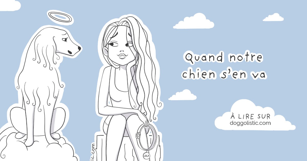 Faire le deuil de son chien : illustration par Doggolistic d'une éducatrice éducateur comportementaliste canin assise à côté du fantôme de son chien qui vient de mourir qui lui dit qu'il faut qu'elle soit prête à adopter un autre chien et à aimer à nouveau