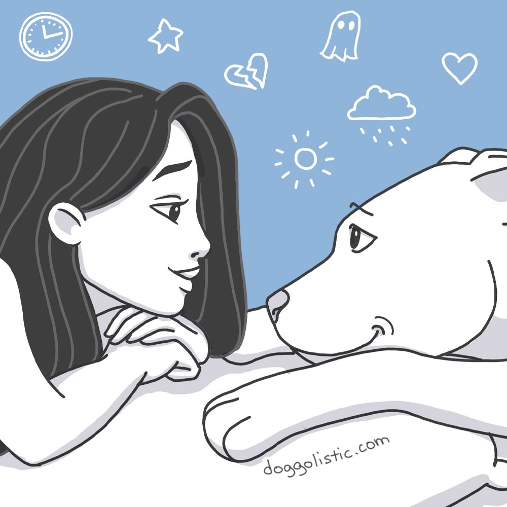 Illustration par Doggolistic d'une éducatrice éducateur comportementaliste canin qui regarde un chien de type pitbull american staff stafforshire terrier dans les yeux avec tendresse
