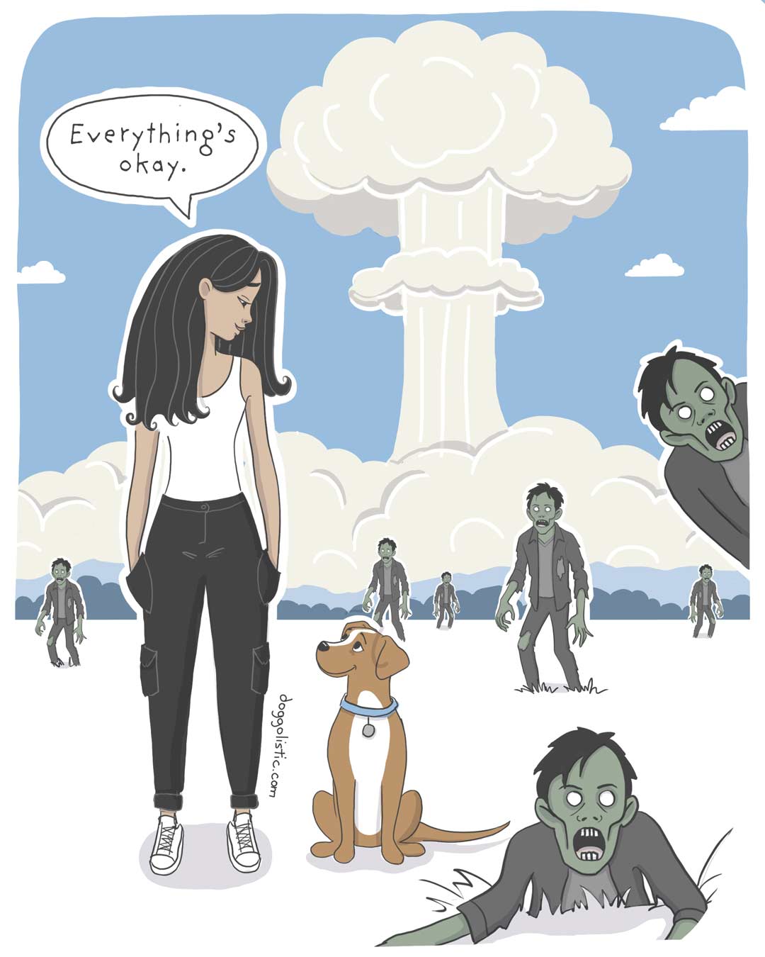 Comic illustration by Doggolistic showing a dog trainer and behaviorist standing with their dog, who is calmly making eye contact with them, despite a zombie invasion and a nuclear explosion in the background—illustrating the importance of bond, focus, and connection between a dog and their human.