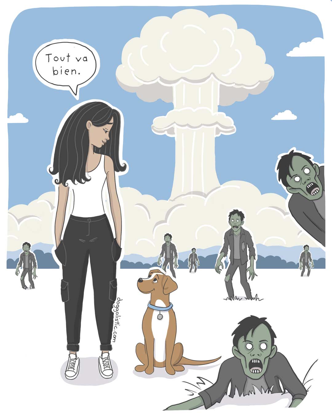 Doggolistic illustration Comic illustration par Doggolistic d'une éducatrice éducateur comportementaliste canin debout avec son chien qui la regarde dans les yeux avec confiance malgré l'invasion de zombies et la bombe nucléaire qui explose derrière eux illustrant l'importance de travailler le lien et le focus et de la connexion entre un chien et son maître