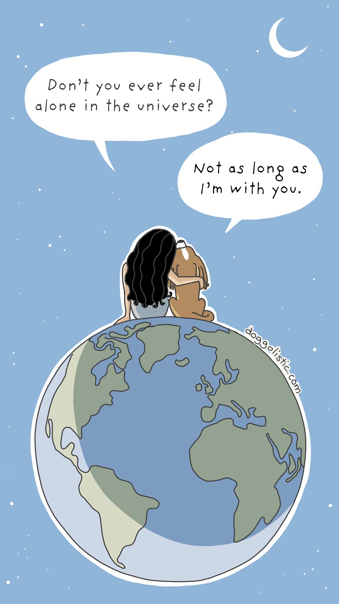 Doggolistic illustration Comic illustration by Doggolistic from the Doggo and I series, showing a girl and her dog sitting on Earth, gazing at the moon and stars together