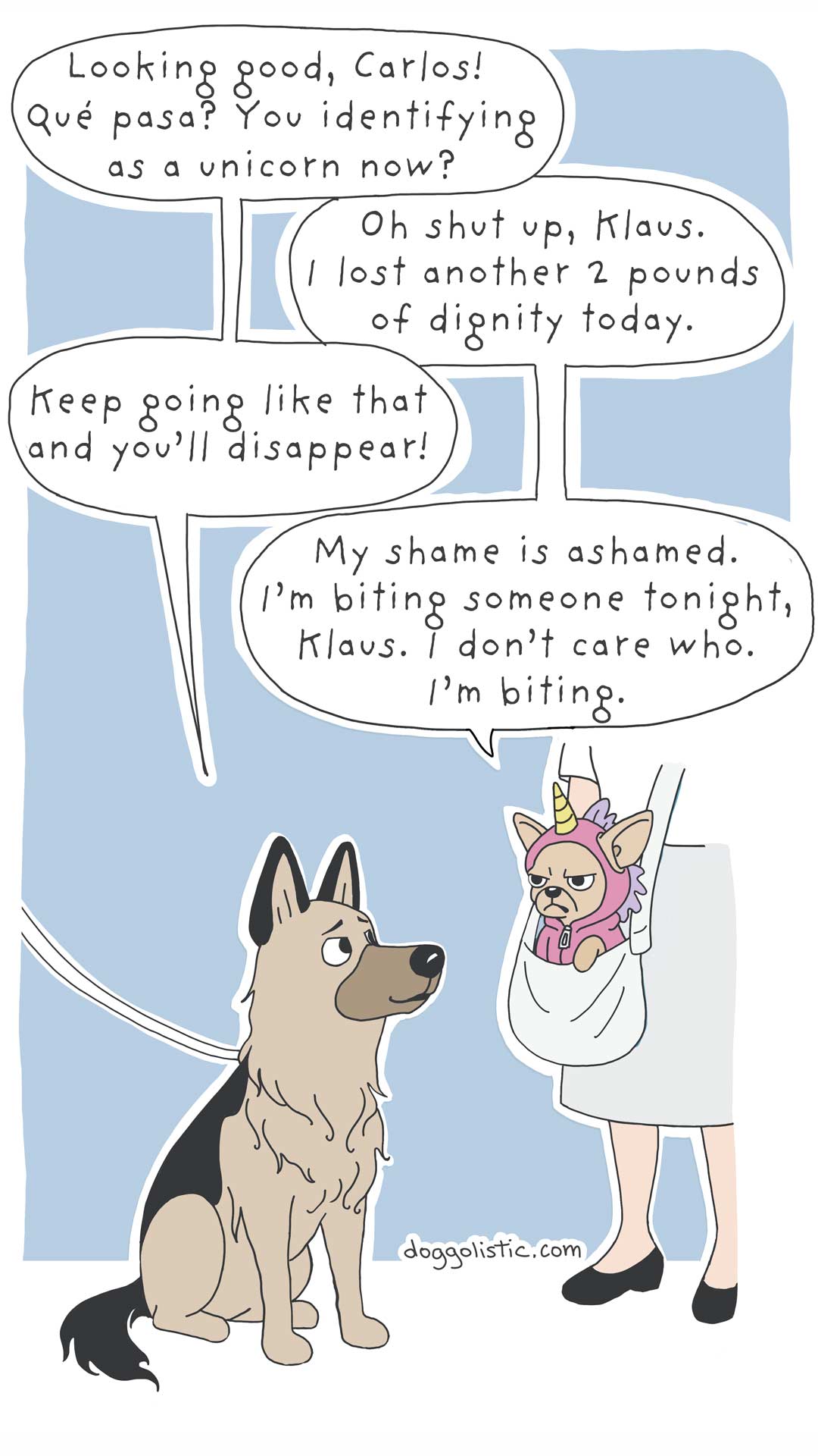 Comic illustration by Doggolistic: an angry small dog, a chihuahua, dressed as a unicorn, sitting in a shoulder bag carried by his owner, while a German shepherd mocks him.