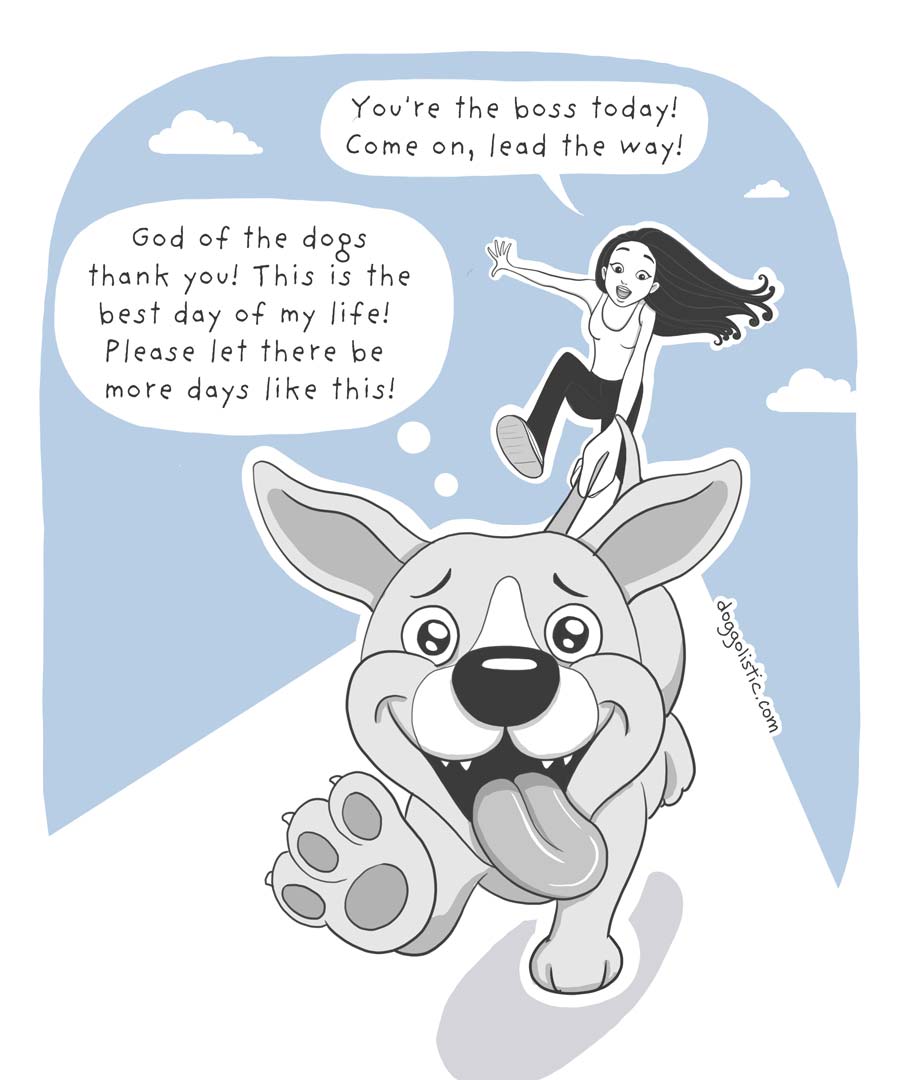 Promenade de chien guidée par le chien en ilustration par Doggolistic. Chien très content de partir en promenade et de pouvoir décider 