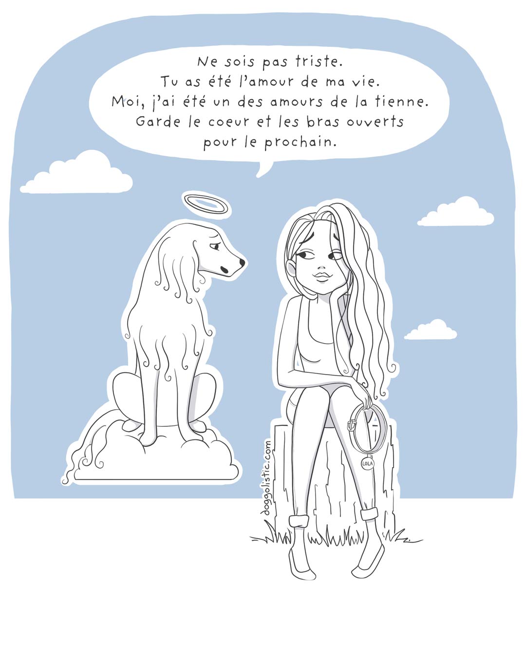 Doggolistic illustration Illustration by Doggolistic of a female dog trainer and canine behaviorist sitting next to the ghost of her dog who has just died, telling her she must be ready to adopt another dog and love again