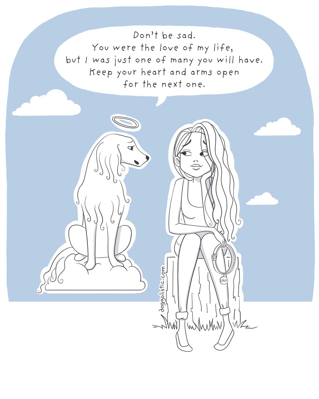 Illustration by Doggolistic of a female dog trainer and canine behaviorist sitting next to the ghost of her dog who has just died, telling her she must be ready to adopt another dog and love again