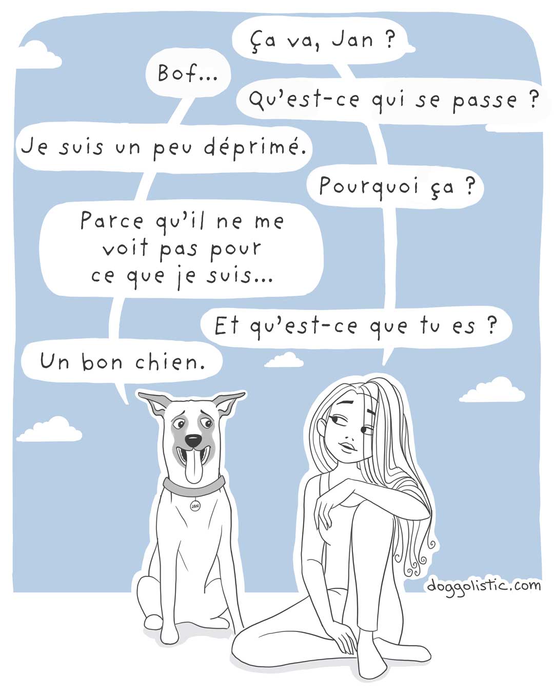 Un chien de race berger belge malinois parle avec une éducatrice comportementaliste canine à propos de son maître qui ne voit pas qu'il est un bon chien parce qu'il. n'est pas assez parfait