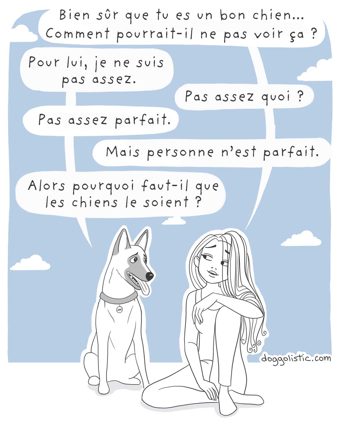 Un chien de race berger belge malinois parle avec une éducatrice comportementaliste canine à propos de son maître qui ne voit pas qu'il est un bon chien parce qu'il. n'est pas assez parfait