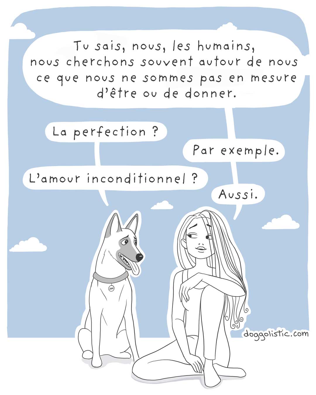 Un chien de race berger belge malinois parle avec une éducatrice comportementaliste canine à propos de son maître qui ne voit pas qu'il est un bon chien parce qu'il. n'est pas assez parfait