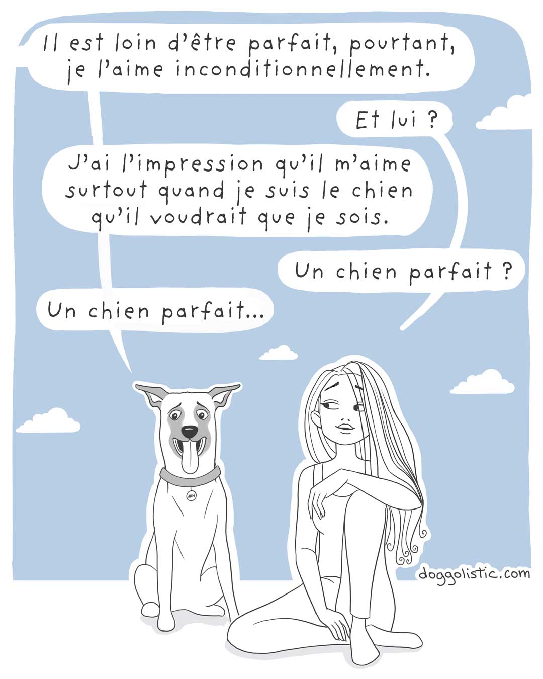 Un chien de race berger belge malinois parle avec une éducatrice comportementaliste canine à propos de son maître qui ne voit pas qu'il est un bon chien parce qu'il. n'est pas assez parfait