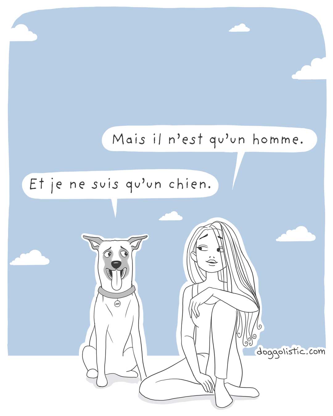 Un chien de race berger belge malinois parle avec une éducatrice comportementaliste canine à propos de son maître qui ne voit pas qu'il est un bon chien parce qu'il. n'est pas assez parfait