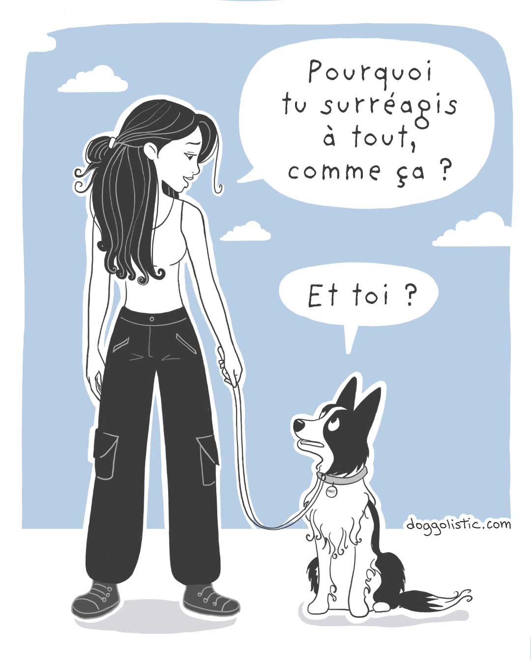 Éducatrice et comportementaliste canine demande à un chien border collie réacitf pourquoi il surréagis à tout, et il lui renvoie la même question. Incitation à se comprendre soi-même pour mieux comprendre son chien