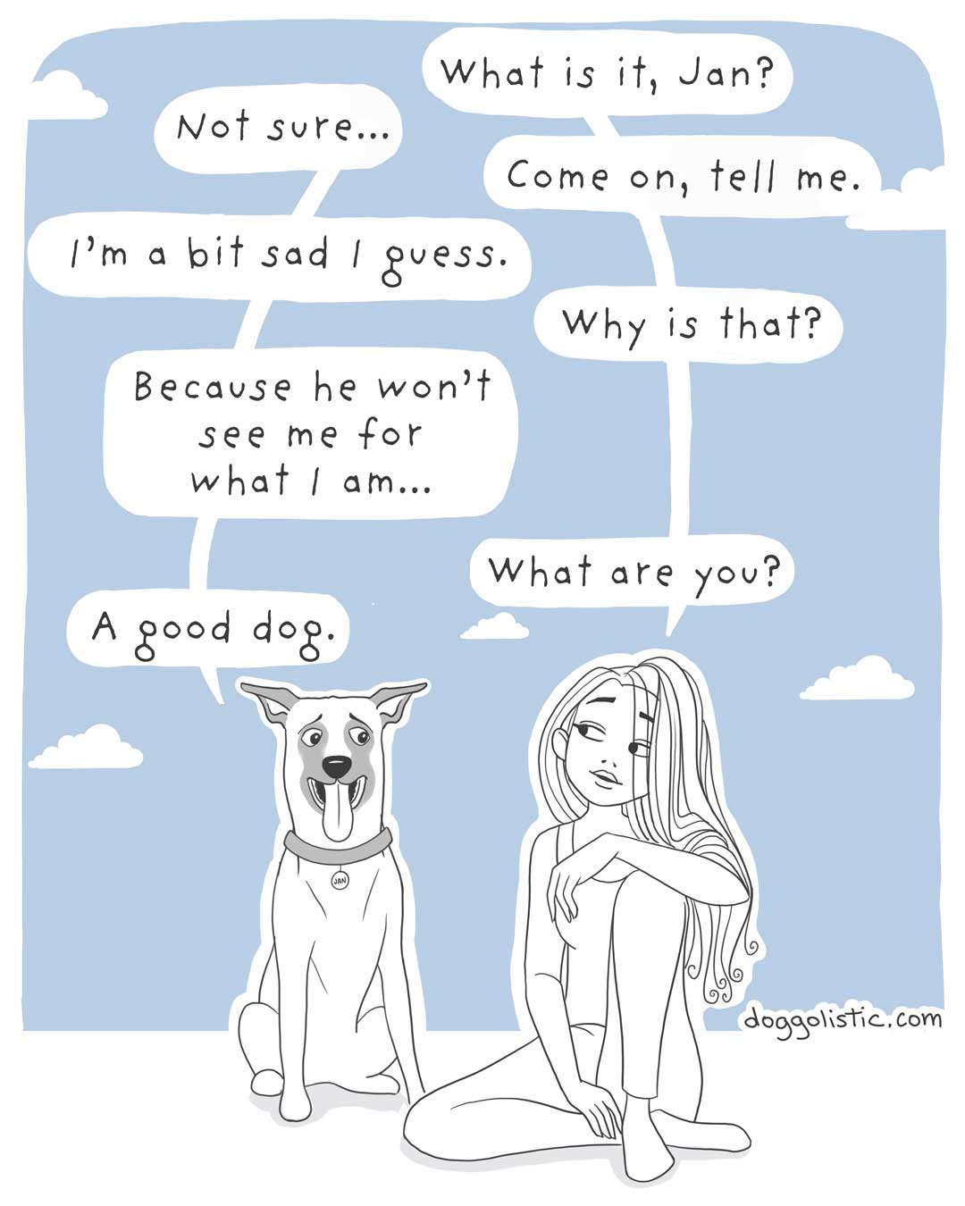 A Belgian Malinois is talking to a canine behaviorist about his owner, who can't see he's a good dog just because he's not perfect enough.