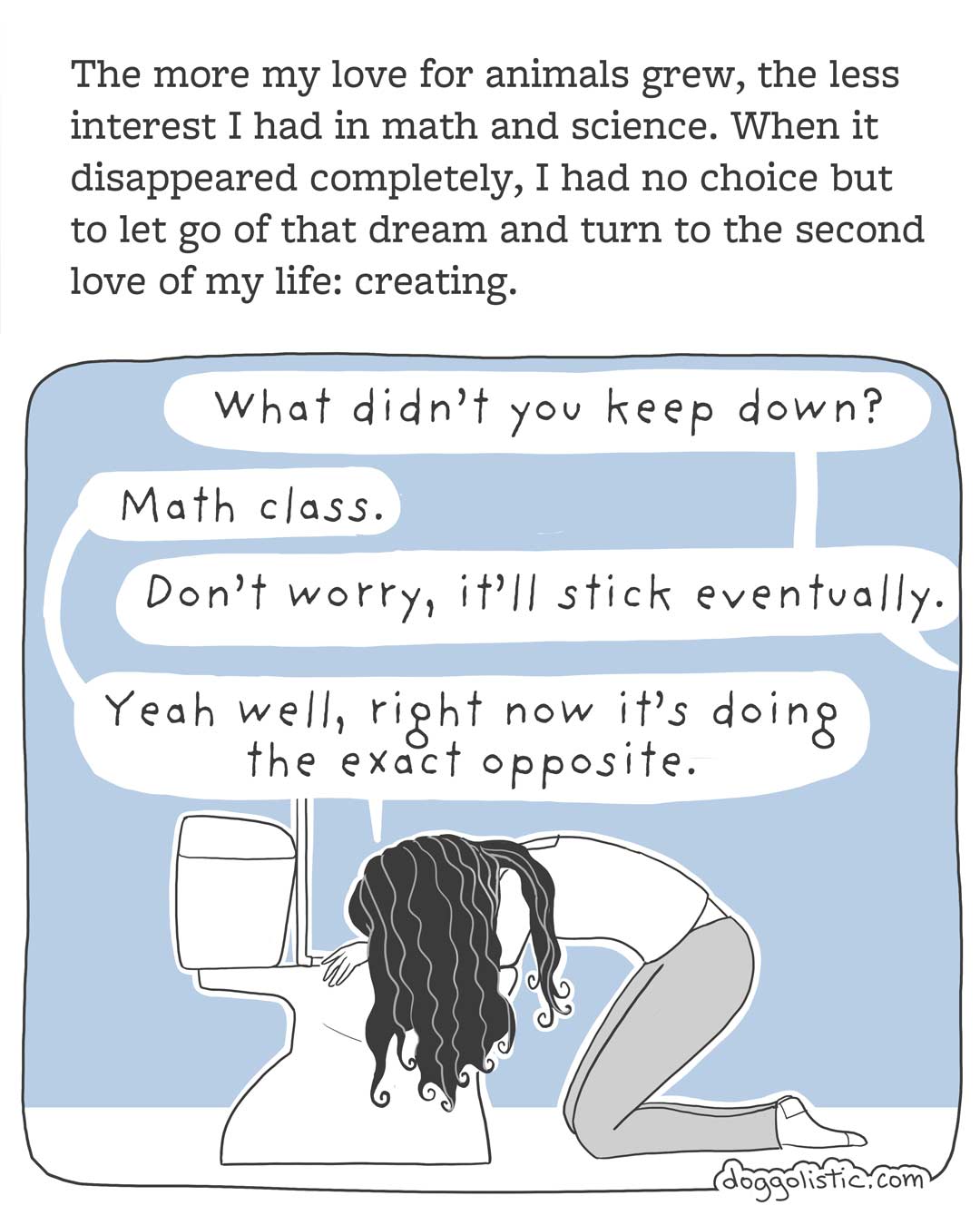 Comic carousel by Doggolistic explaining how I became a dog trainer and behaviorist, illustration of me as a teenager throwing up because I hated math class