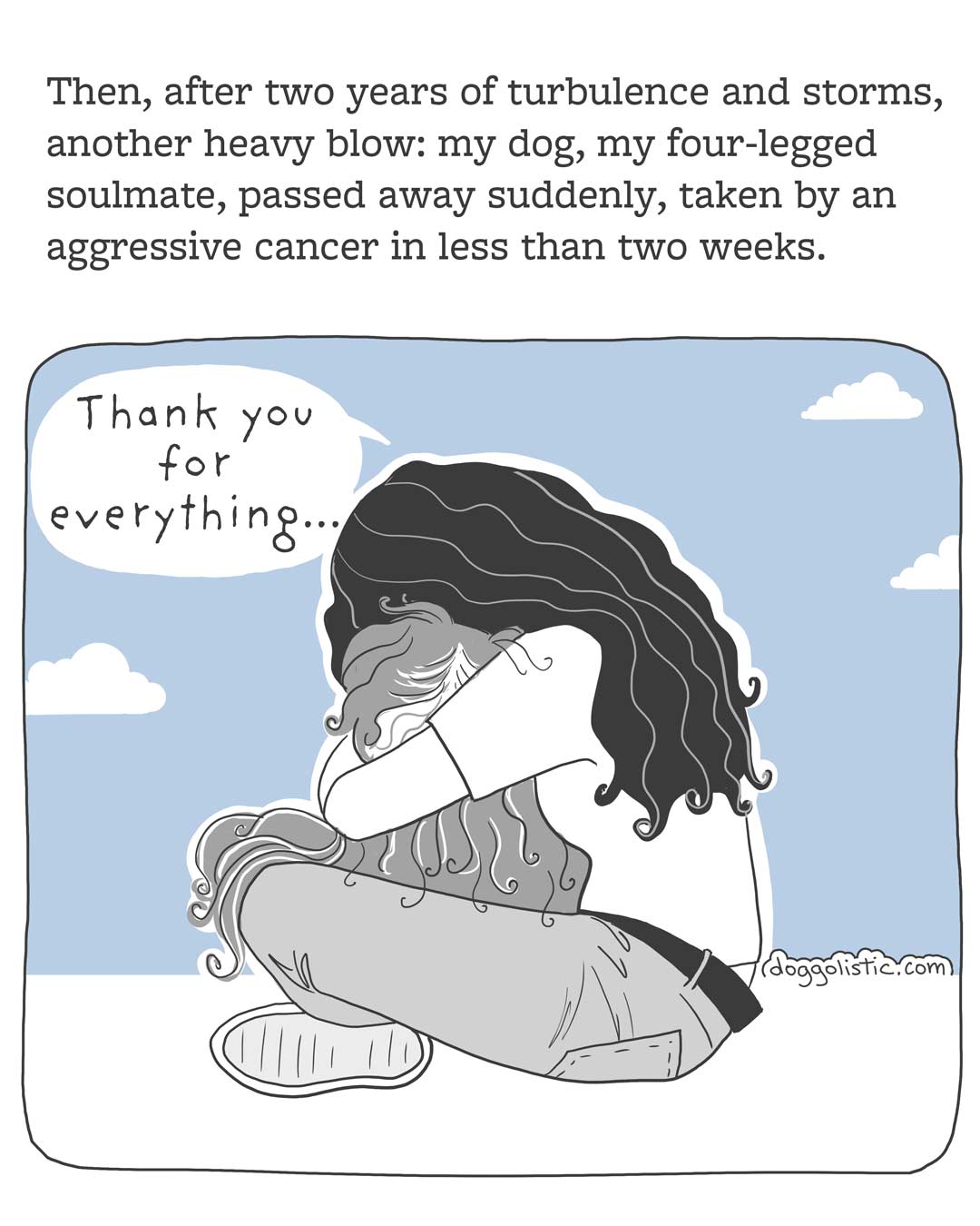 Comic carousel by Doggolistic explaining how I became a dog trainer and behaviorist, illustration of me holding my dog in my arms after she passed away