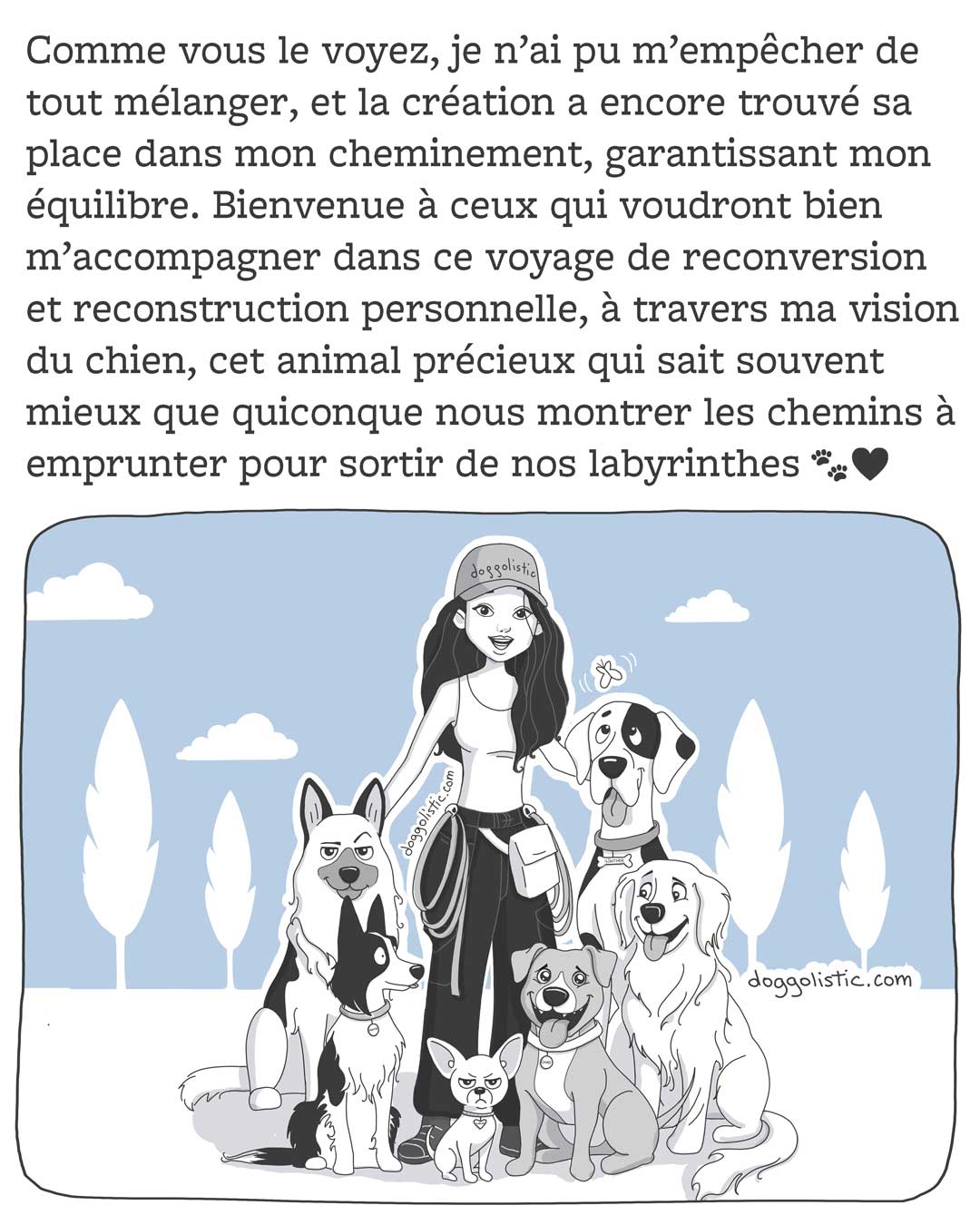 Doggolistic illustration Carousel de comics par Doggolistic expliquant comment je suis devenue éducatrice et comportementaliste canine, illustration de moi en promenade avec un groupe de chiens