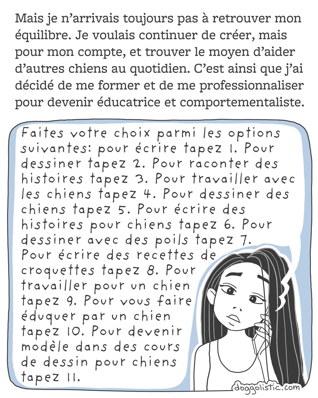 Doggolistic illustration Carousel de comics par Doggolistic expliquant comment je suis devenue éducatrice et comportementaliste canine, illustration de moi me posant des questions pendant ma reconversion professionnelle