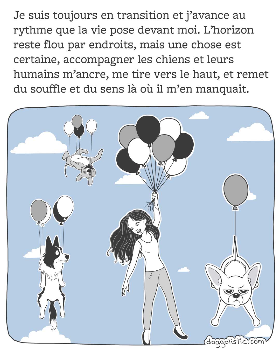 Doggolistic illustration Carousel de comics par Doggolistic expliquant comment je suis devenue éducatrice et comportementaliste canine, illustration de moi et de chiens accrochés à des ballons et flottant dans le ciel