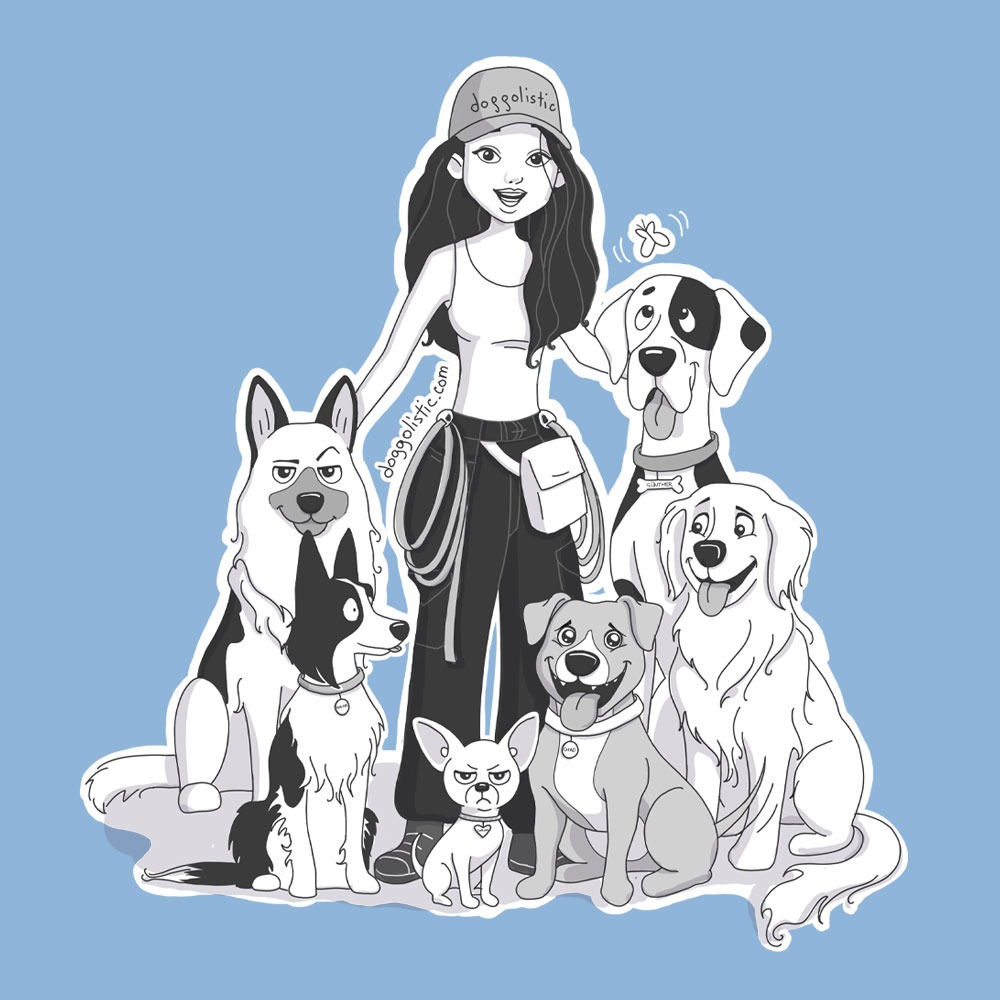Illustration par Doggolistic d'une éducatrice éducateur comportementaliste canin en balade-promenade avec six chiens, un berger allemand sûr de lui, un border collie aux aguets, un chihuahua pas content avec son collier en strass, un pitbull gentil, un labrador souriant et un dogue allemand distrait