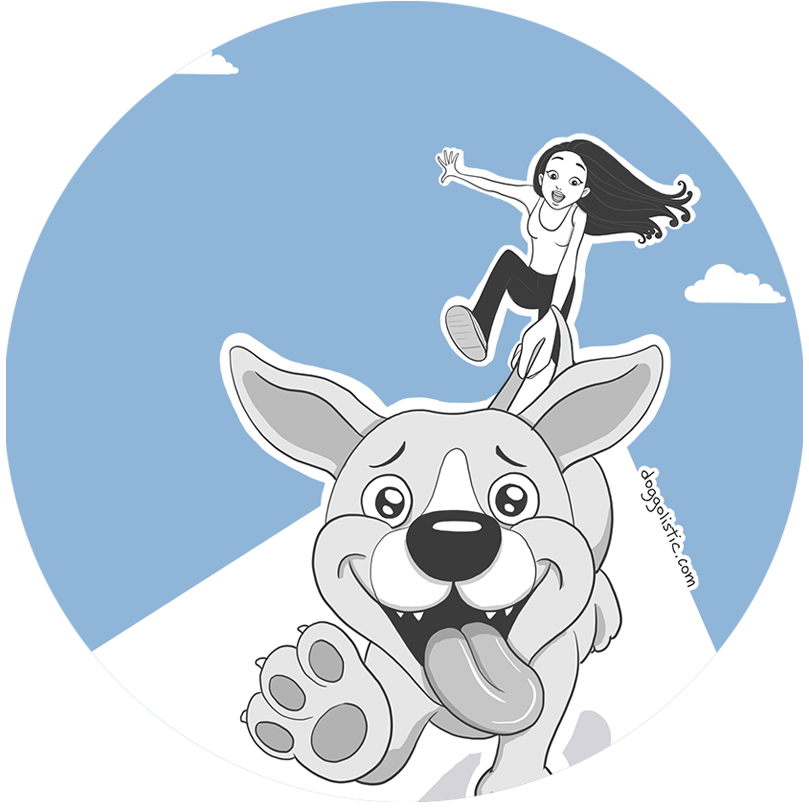 Illustration par Doggolistic d'une éducatrice éducateur comportementaliste canin en balade-promenade avec six chiens, un berger allemand sûr de lui, un border collie aux aguets, un chihuahua pas content avec son collier en strass, un pitbull gentil, un labrador souriant et un dogue allemand distrait