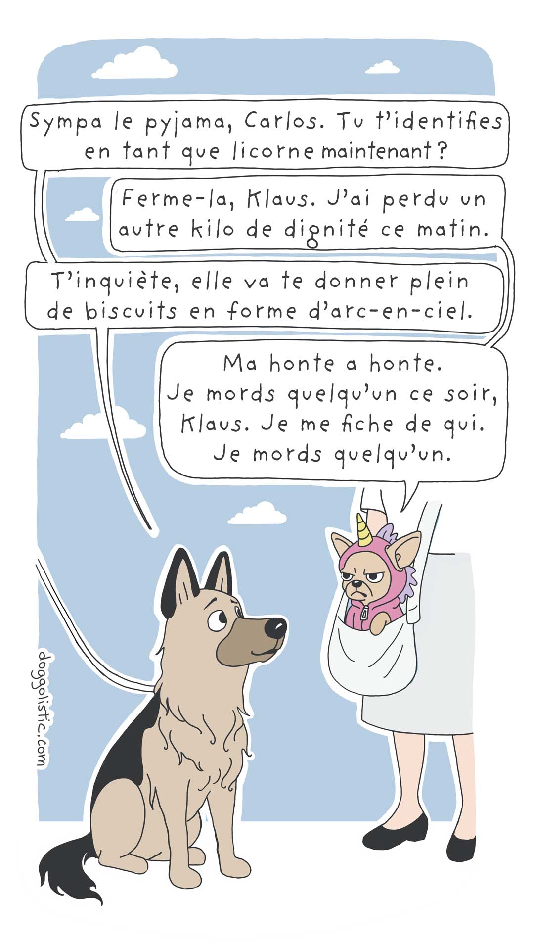 Comic illustration par Doggolistic d'un chihuahua furieux déguisé en licorne dans un sac accroché à l'épaule de sa maîtresse qui parle avec un berger allemand qui se moque de lui