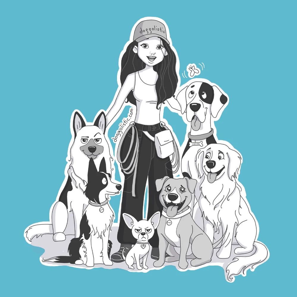 Illustration par Doggolistic d'une éducatrice éducateur comportementaliste canin en balade-promenade avec six chiens, un berger allemand sûr de lui, un border collie aux aguets, un chihuahua pas content avec son collier en strass, un pitbull gentil, un labrador souriant et un dogue allemand distrait