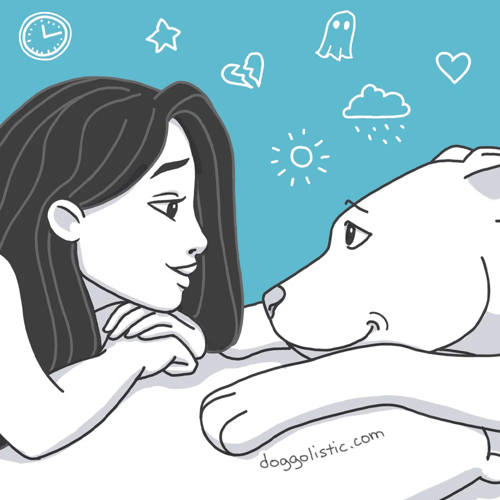 Illustration par Doggolistic d'une éducatrice éducateur comportementaliste canin qui regarde un chien de type pitbull american staff stafforshire terrier dans les yeux avec tendresse