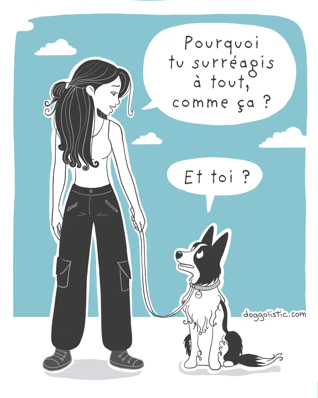 Éducatrice et comportementaliste canine demande à un chien border collie réacitf pourquoi il surréagis à tout, et il lui renvoie la même question. Incitation à se comprendre soi-même pour mieux comprendre son chien