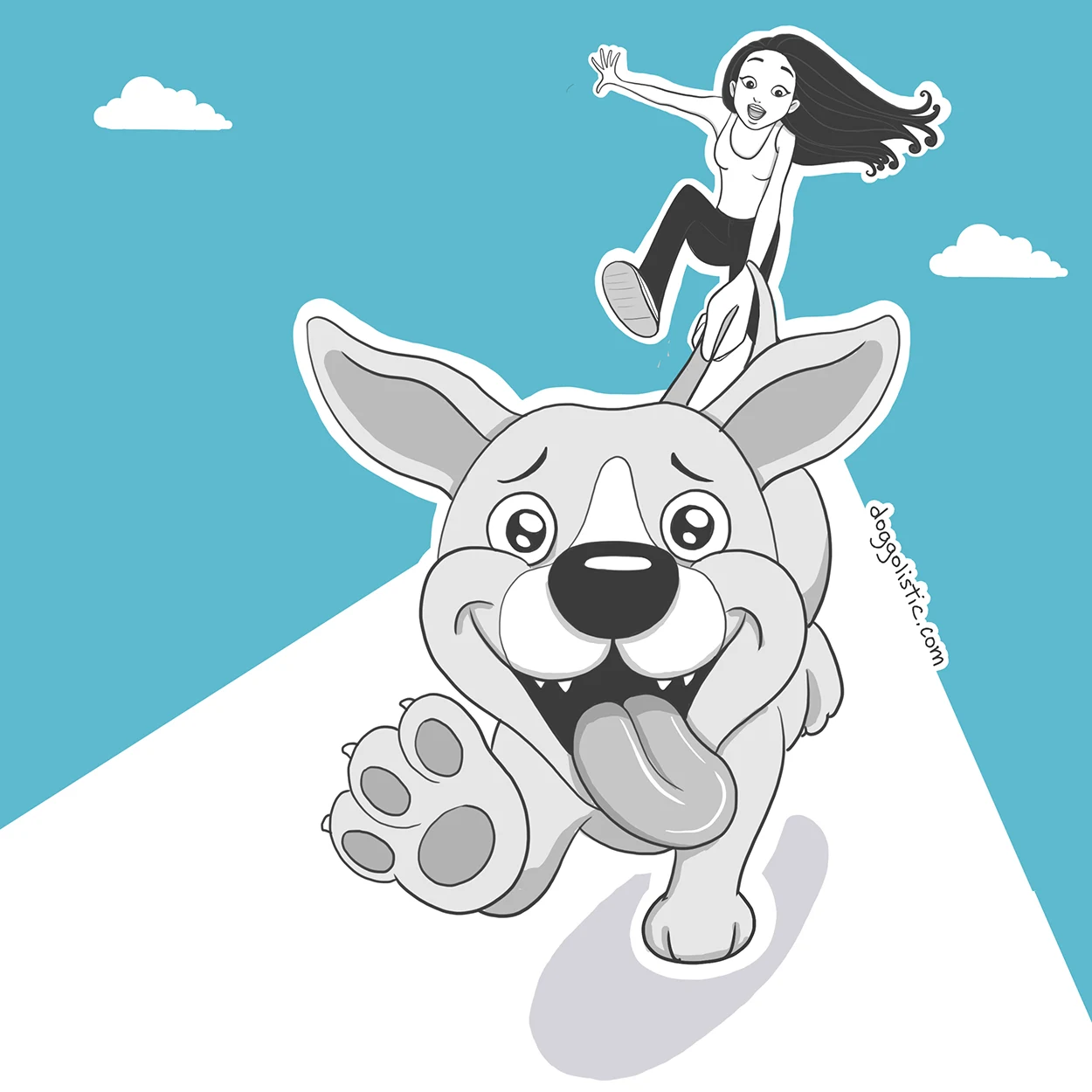 Illustration par Doggolistic d'une éducatrice éducateur comportementaliste canin en balade-promenade avec six chiens, un berger allemand sûr de lui, un border collie aux aguets, un chihuahua pas content avec son collier en strass, un pitbull gentil, un labrador souriant et un dogue allemand distrait