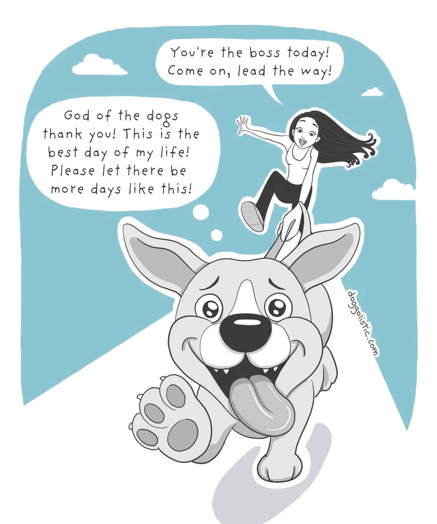 Promenade de chien guidée par le chien en ilustration par Doggolistic. Chien très content de partir en promenade et de pouvoir décider 