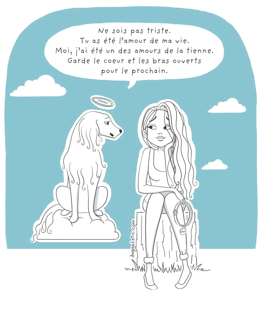 Illustration by Doggolistic of a female dog trainer and canine behaviorist sitting next to the ghost of her dog who has just died, telling her she must be ready to adopt another dog and love again