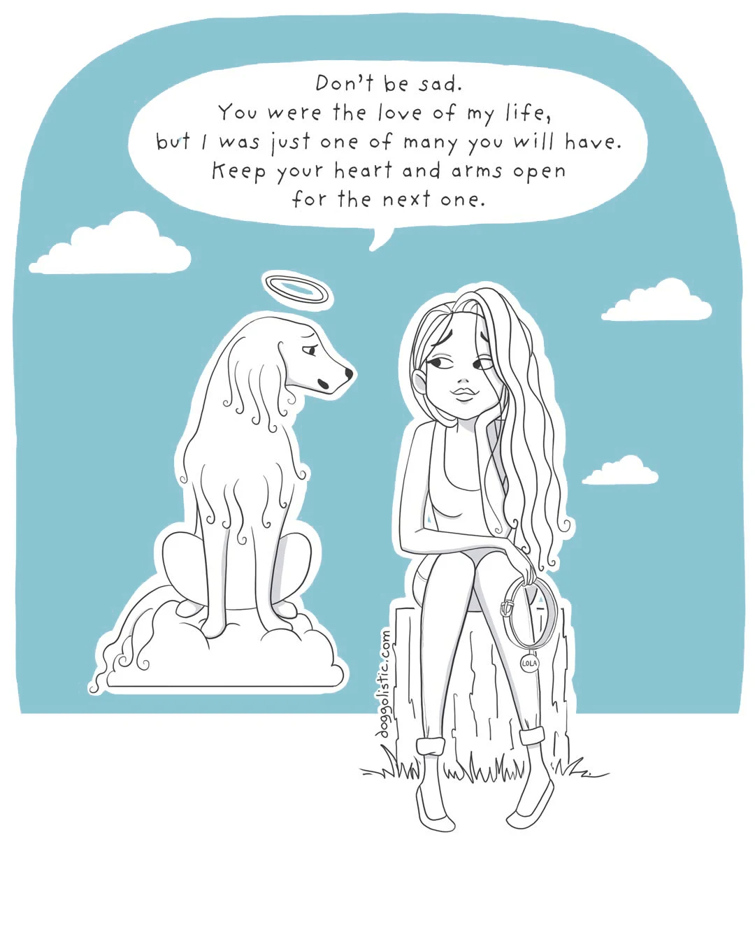 Illustration by Doggolistic of a female dog trainer and canine behaviorist sitting next to the ghost of her dog who has just died, telling her she must be ready to adopt another dog and love again