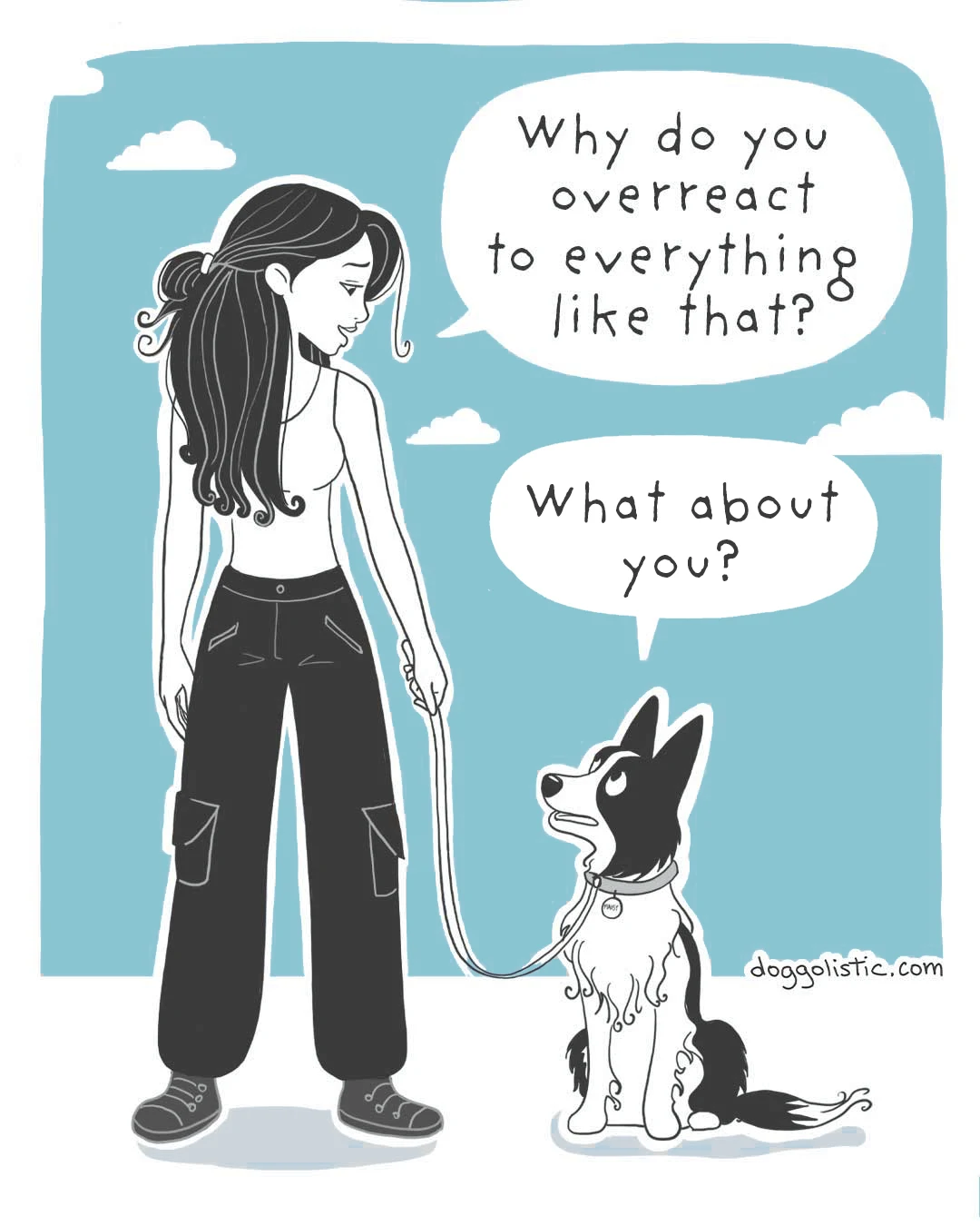 Canine educator and behaviorist asks a reactive Border Collie why he overreacts to everything, and he throws the same question back at her.
