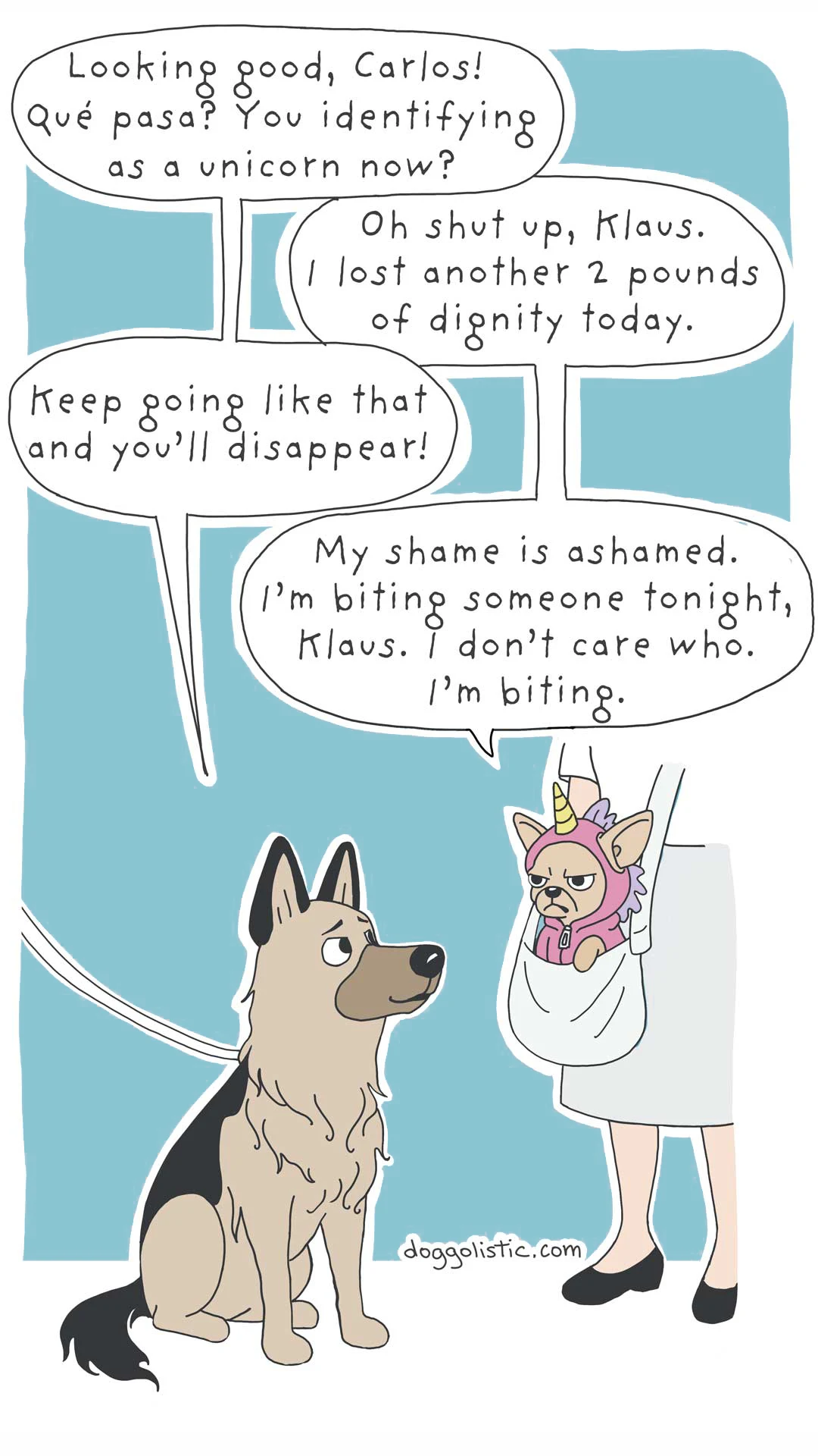 Comic illustration by Doggolistic: an angry small dog, a chihuahua, dressed as a unicorn, sitting in a shoulder bag carried by his owner, while a German shepherd mocks him.
