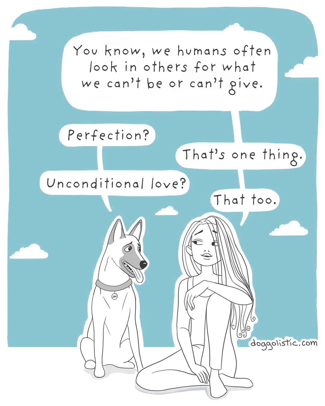 A Belgian Malinois is talking to a canine behaviorist about his owner, who can't see he's a good dog just because he's not perfect enough.