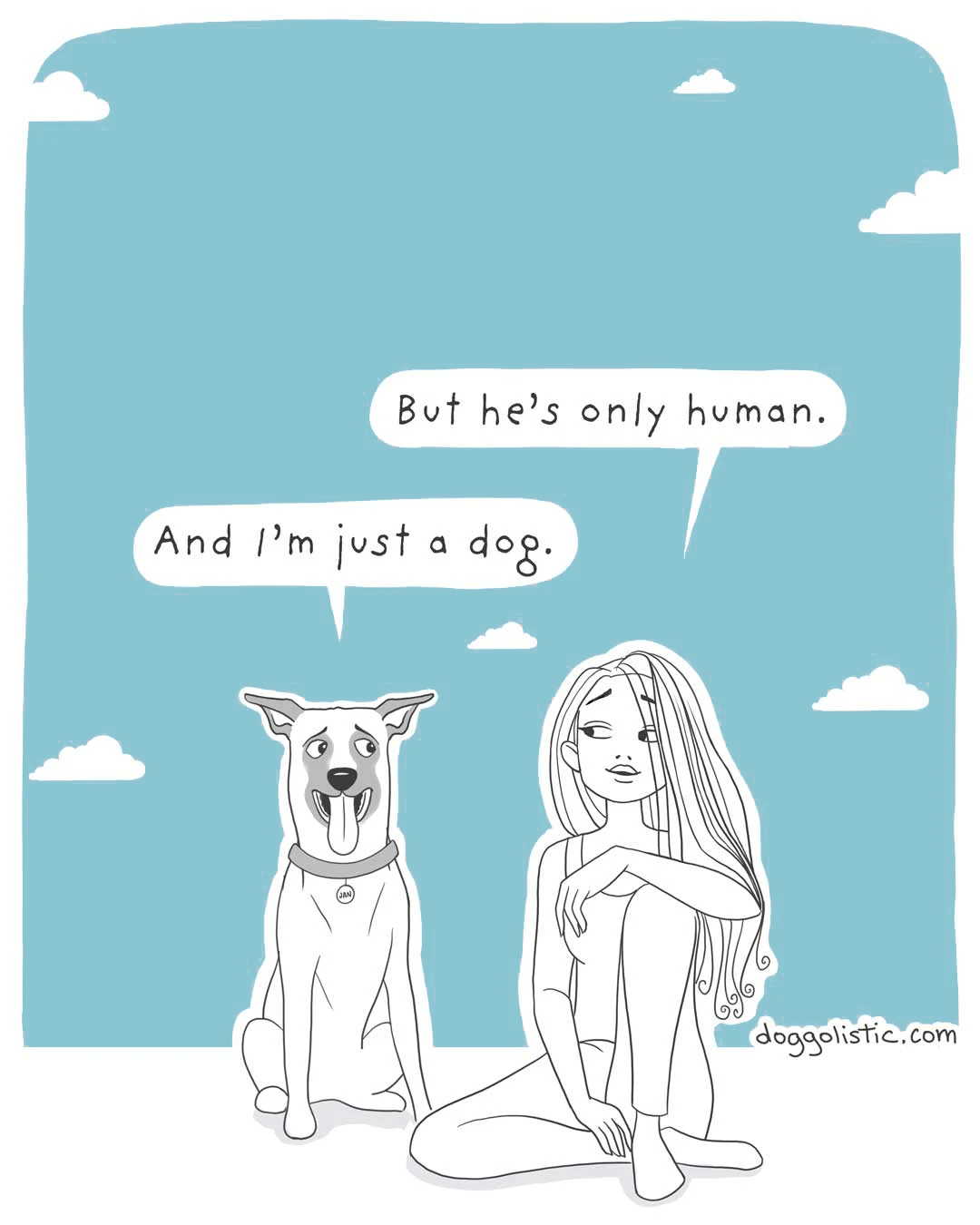 A Belgian Malinois is talking to a canine behaviorist about his owner, who can't see he's a good dog just because he's not perfect enough.