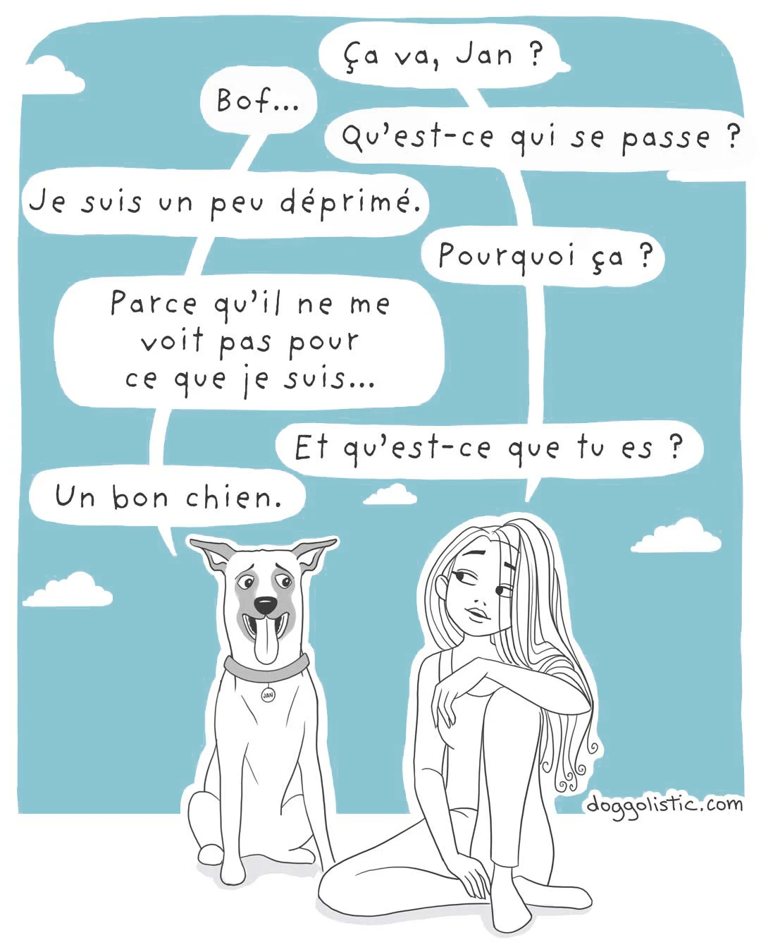 Un chien de race berger belge malinois parle avec une éducatrice comportementaliste canine à propos de son maître qui ne voit pas qu'il est un bon chien parce qu'il. n'est pas assez parfait