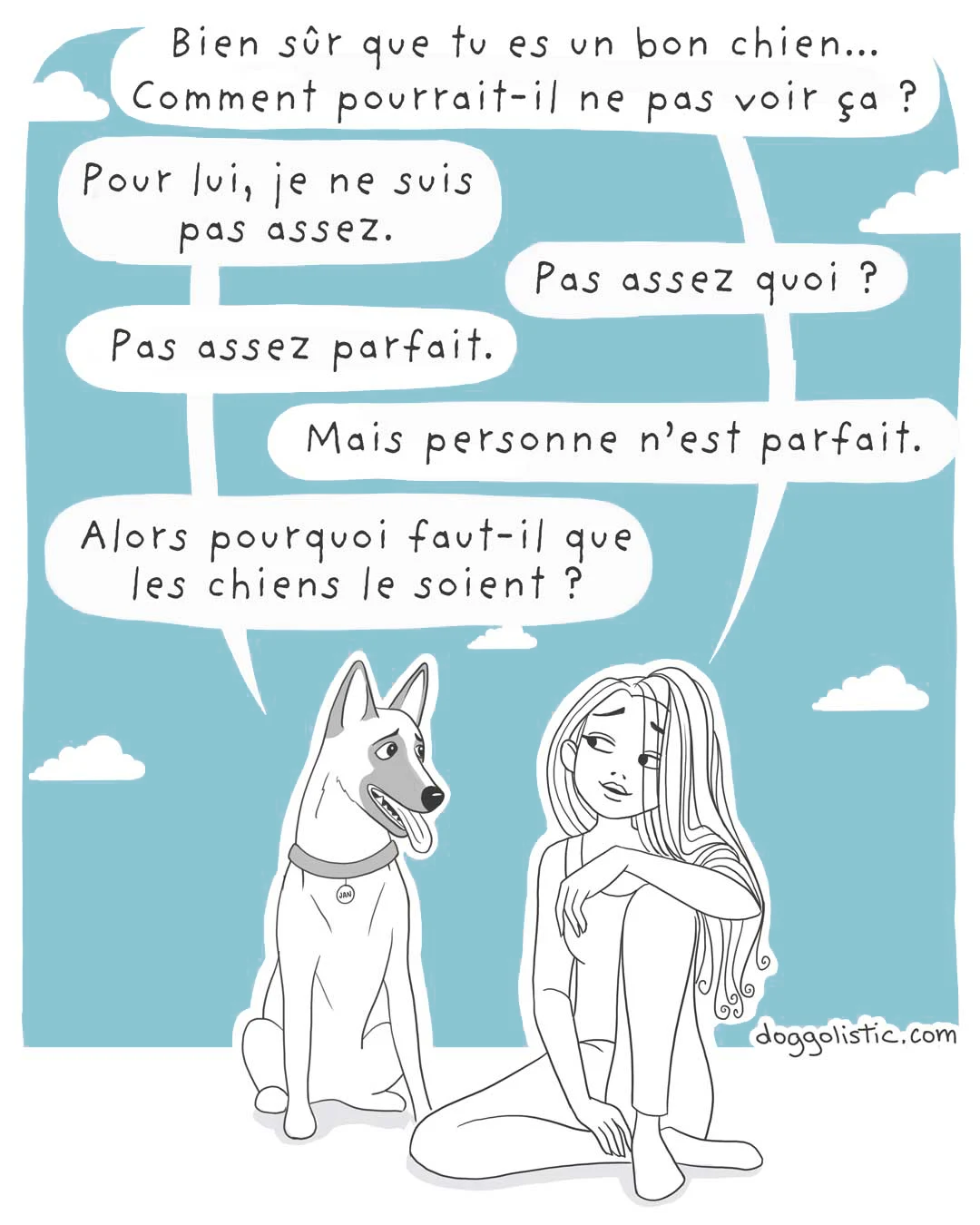 Un chien de race berger belge malinois parle avec une éducatrice comportementaliste canine à propos de son maître qui ne voit pas qu'il est un bon chien parce qu'il. n'est pas assez parfait