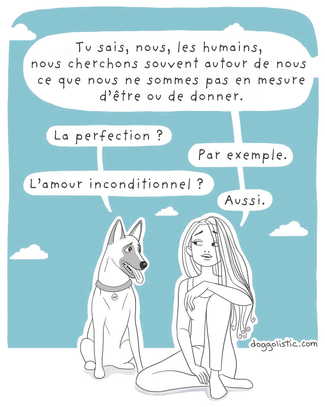 Un chien de race berger belge malinois parle avec une éducatrice comportementaliste canine à propos de son maître qui ne voit pas qu'il est un bon chien parce qu'il. n'est pas assez parfait