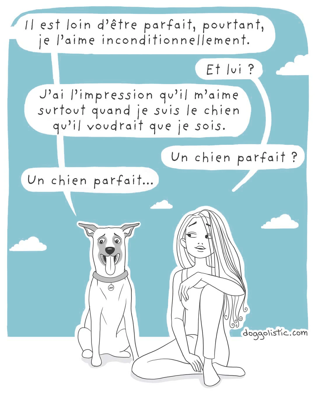 Un chien de race berger belge malinois parle avec une éducatrice comportementaliste canine à propos de son maître qui ne voit pas qu'il est un bon chien parce qu'il. n'est pas assez parfait