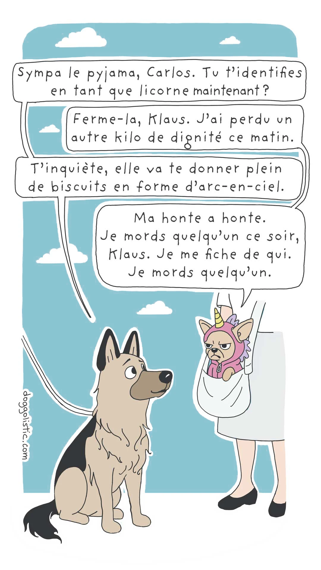 Comic illustration par Doggolistic d'un chihuahua furieux déguisé en licorne dans un sac accroché à l'épaule de sa maîtresse qui parle avec un berger allemand qui se moque de lui