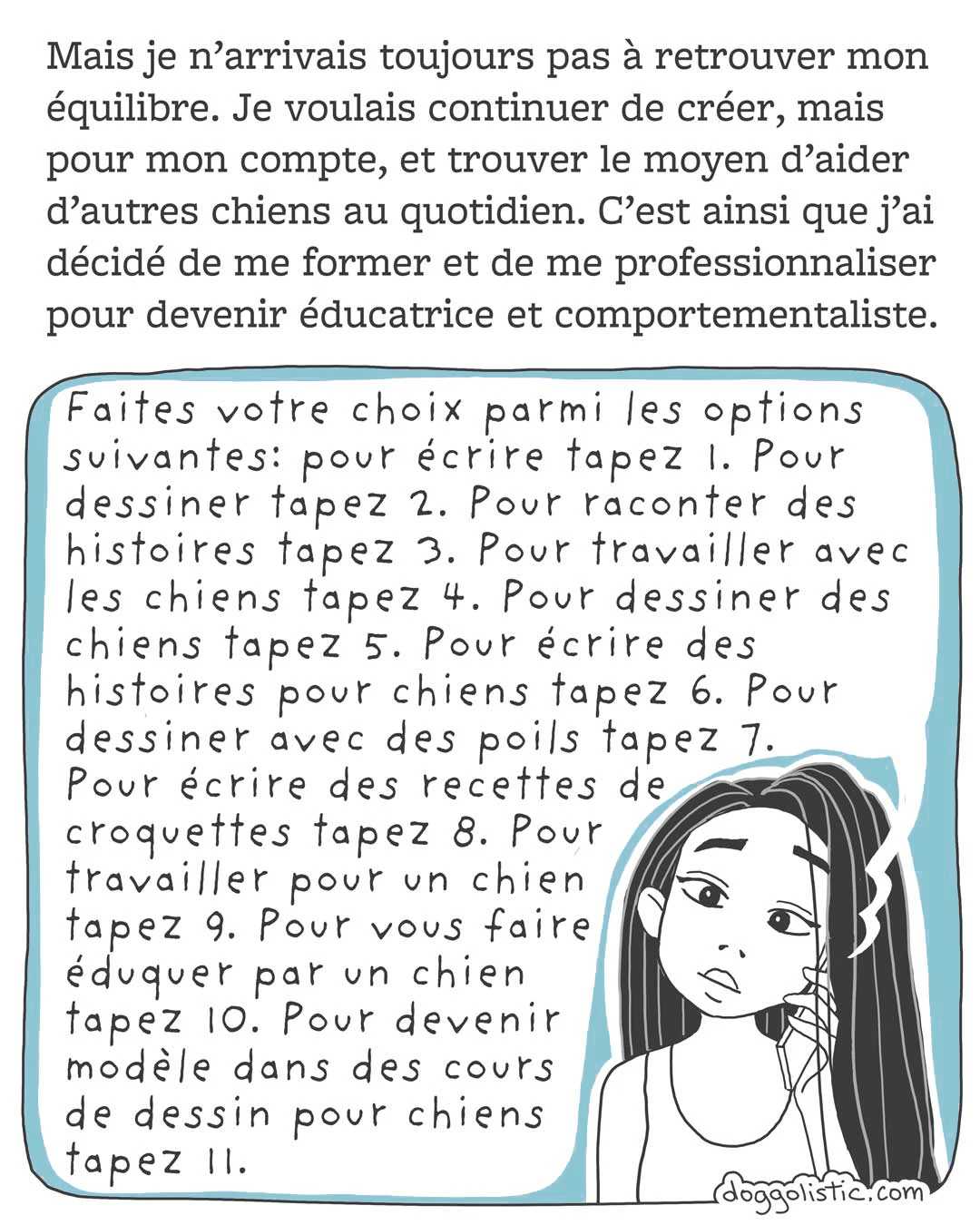 Carousel de comics par Doggolistic expliquant comment je suis devenue éducatrice et comportementaliste canine, illustration de moi me posant des questions pendant ma reconversion professionnelle